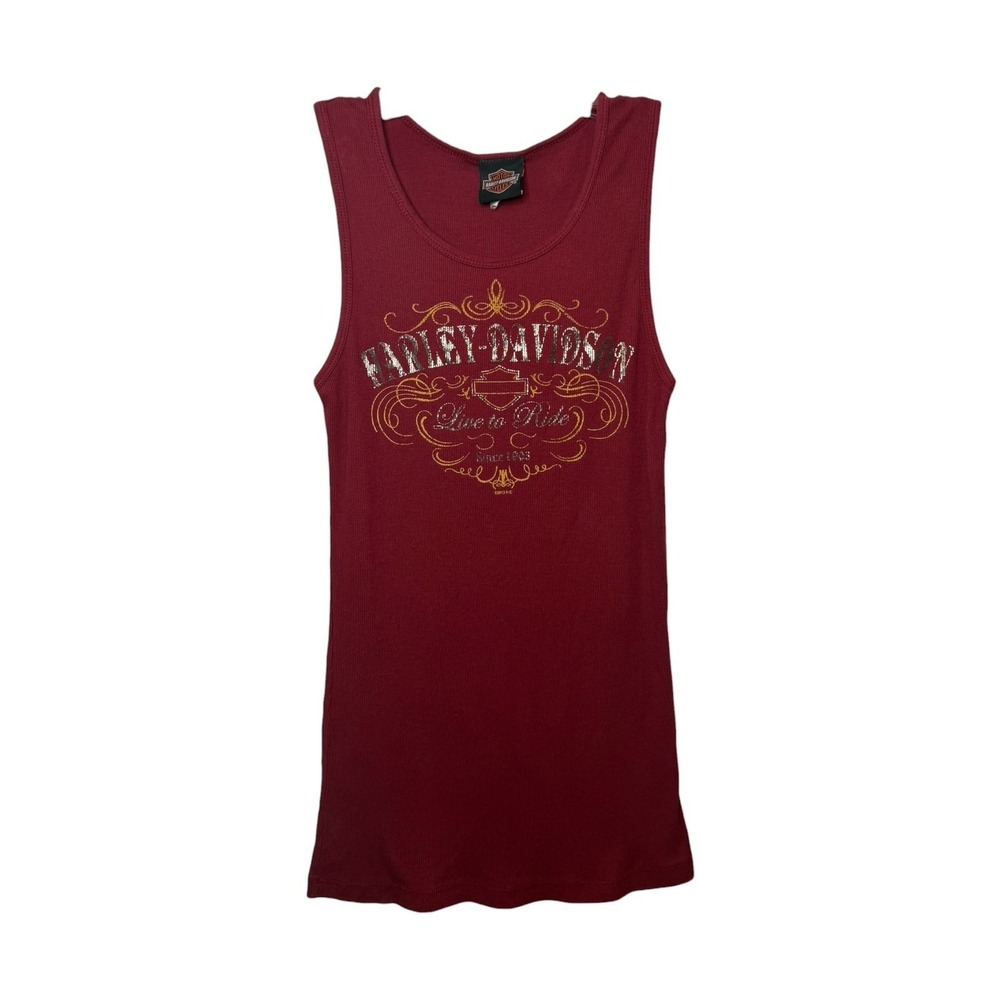 Y2K Harley Davidson Womens Ribbed Tank Top Burgundy Live To Ride Graphic Large - Picture 2 of 7